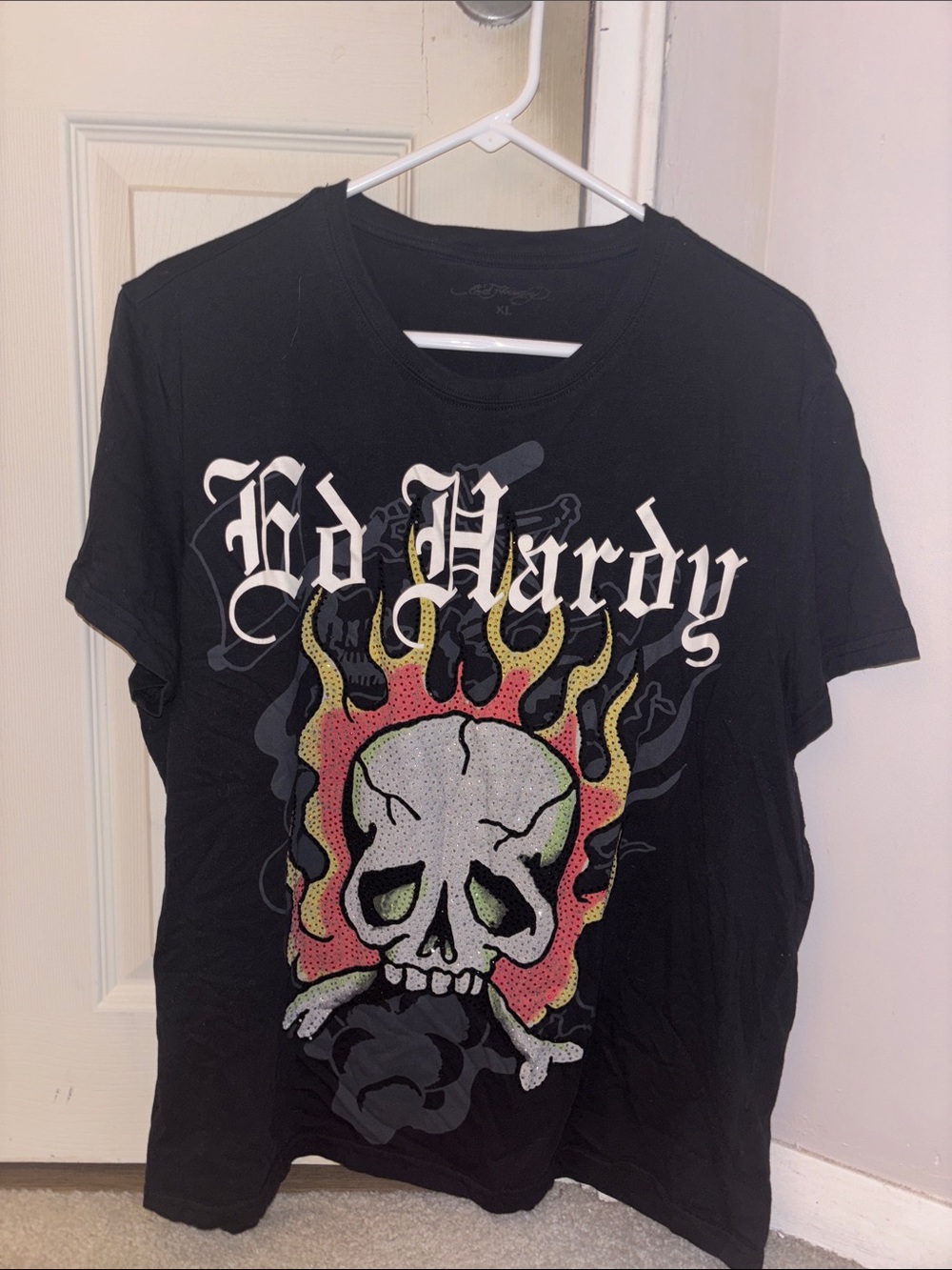 Ed Hardy Black Tee with Flaming Skull Graphic XL